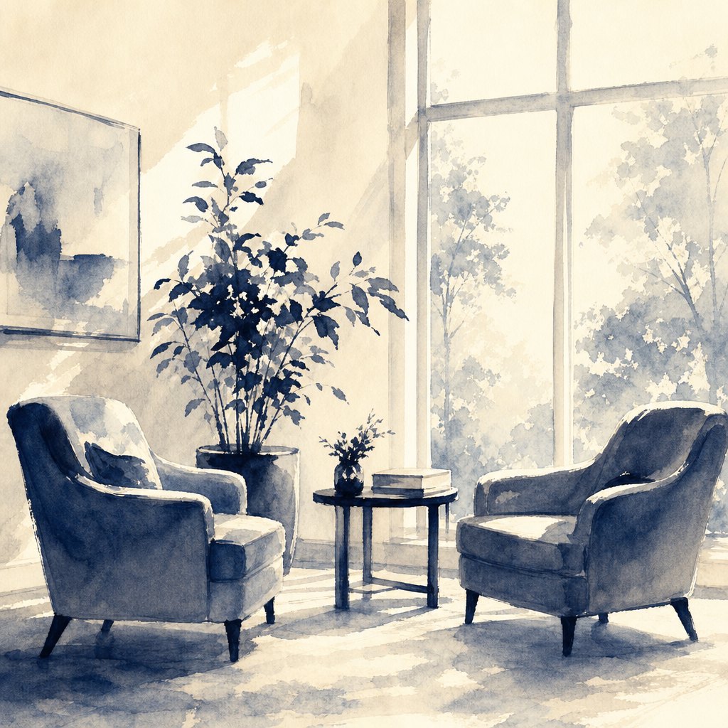 Ink-wash illustration of two armchairs facing each other beside a tall bright window