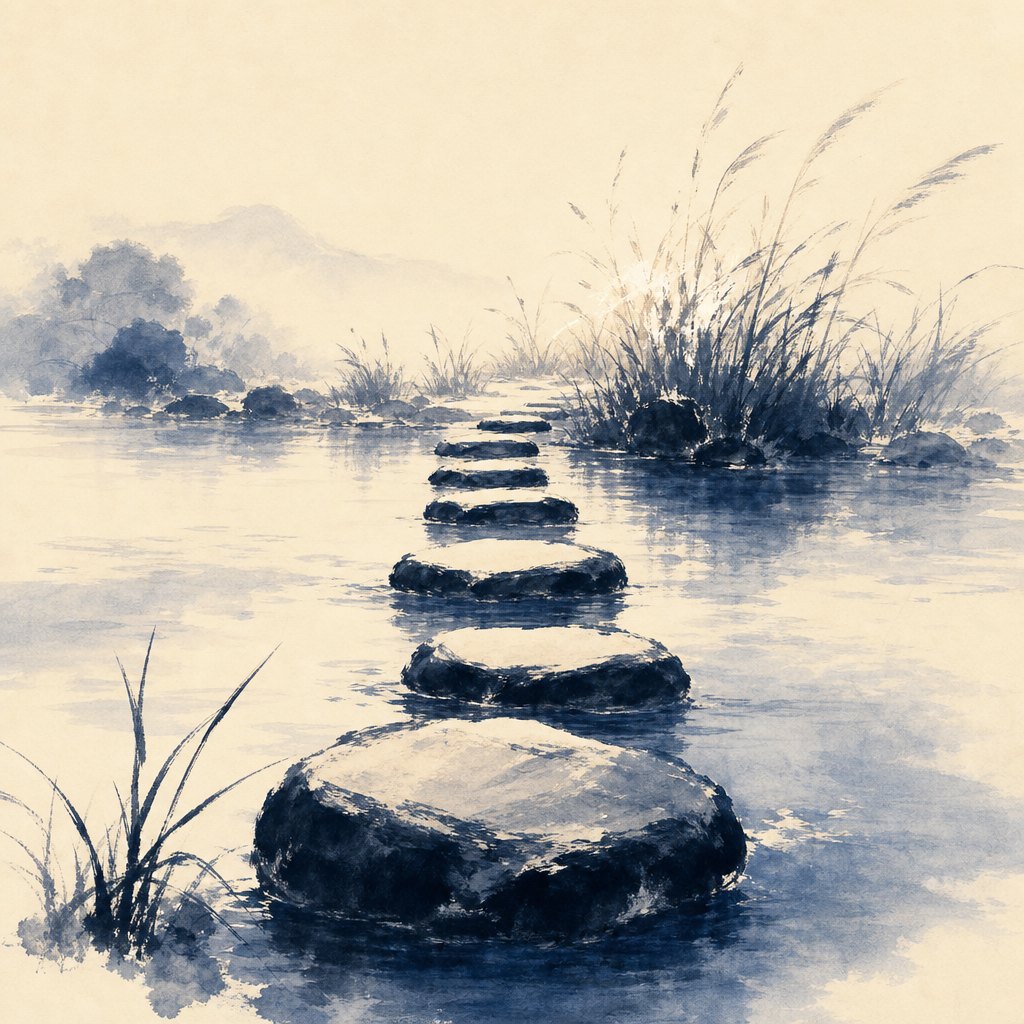 Ink-wash illustration of stepping stones crossing a calm stream