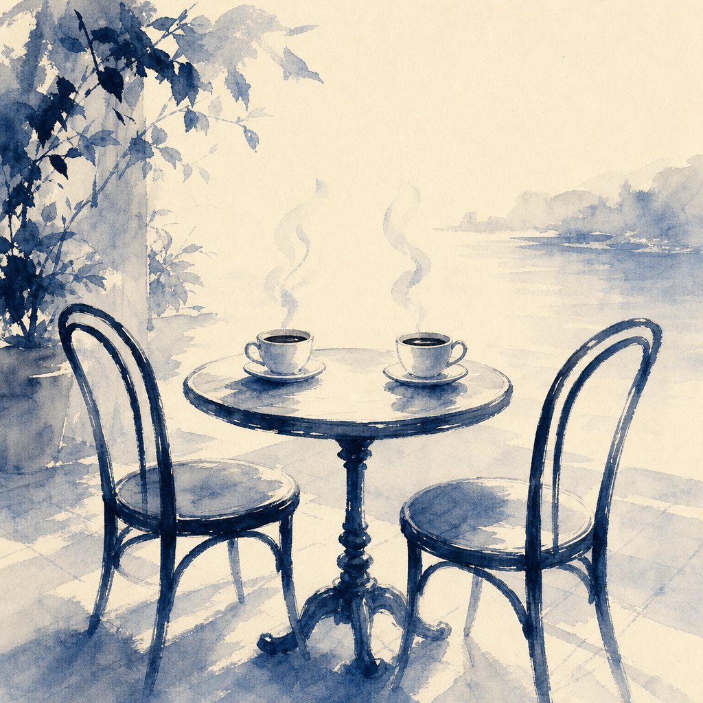 Ink-wash illustration of a café table with two cups of coffee and two chairs drawn close